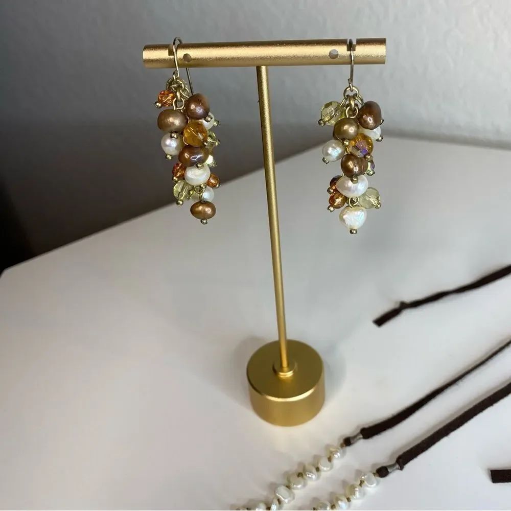 Gold, Pearl, & Bronze Cluster Drop Earrings